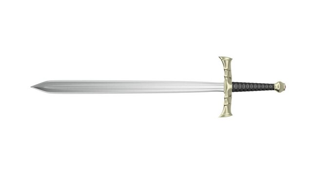 Medieval sword spins on white background
