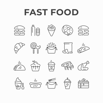 Fast food meals and drinks icon design. Unhealthy food products restaurant vector icons. Junk food menu, dish, lunch including burger, french fries, pizza, sweets
