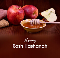 Happy Rosh Hashanah Poster with apple and honey stock images. Bowl of honey with a dipper and red apples on the table stock photo. Jewish New Year Rosh Hashanah greeting card. Important day