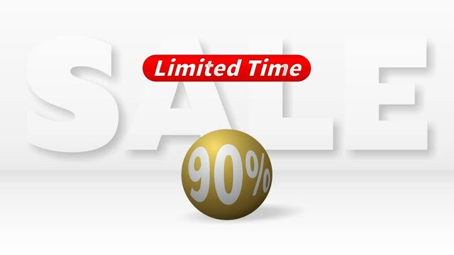 A beautiful golden ball with 90 percent discount rolls against big white letters SALE and the red inscription LIMITED TIME appears above it