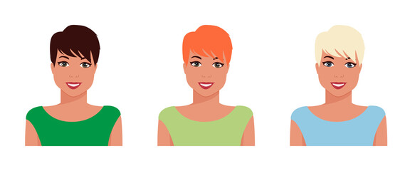 A set of cute girls with a short hairstyle.  Brown-haired, red-haired, blonde, isolated. Perfect for avatars, website icons, beauty salon icons