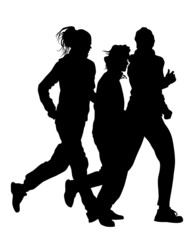 Young athletes run a marathon. Isolated silhouettes on white background