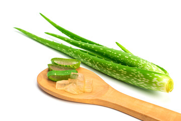 Sliced ​​fresh green aloe leaves in a wooden spoon isolated on white background. Skincare concept health and beauty spa
