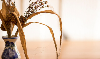 Vase with old brown flowers withered.