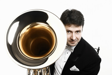 Tuba player brass instrument. Classical musician portrait