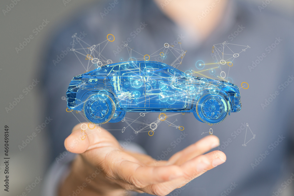 Poster electric car icon from lines, triangles and particle style