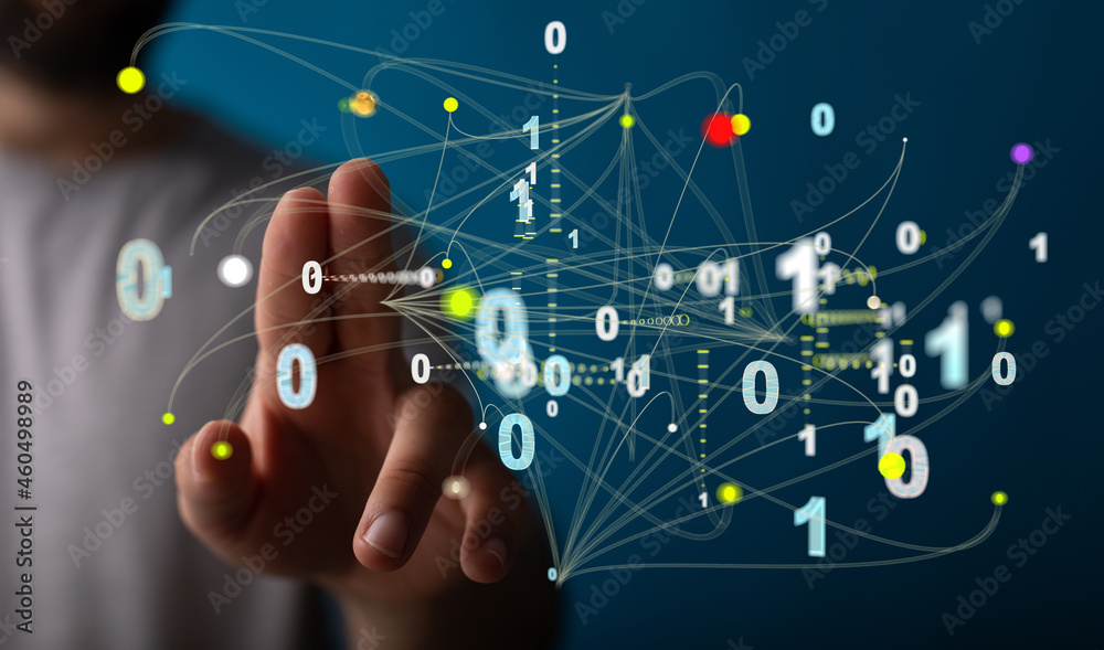 Aufkleber Digital cyberspace with particles and Digital data network connections concept.