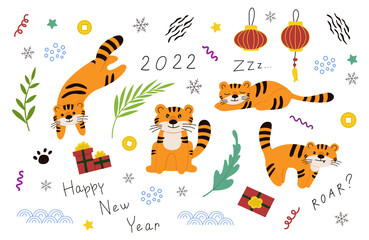 Fototapeta premium Tiger 2022. New year doodle illustrations with tiger. Happy New Year. Cute tigers. Vector.