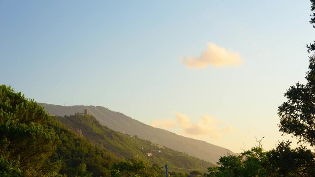 Angri, Italy. View of the Castello di Lettere on the Lattari Mountains at sunset seen from Angri. Timelapse video.