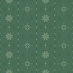 Fototapete Boho-Stil Vector winter seamless pattern with rhombuses and stylized snowflakes. Green geometric background with snow in scandinavian style for fabric, wrapping paper, packaging and wallpaper