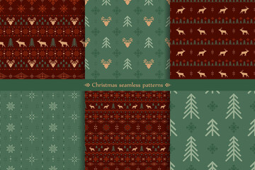 Vector classic christmas seamless patterns set with stylized reindeers, spruces and snowflakes. Collection of red and green traditional ornate geometric backgrounds in scandinavian style