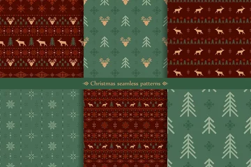 Foto op Plexiglas Vector classic christmas seamless patterns set with stylized reindeers, spruces and snowflakes. Collection of red and green traditional ornate geometric backgrounds in scandinavian style © Murhena