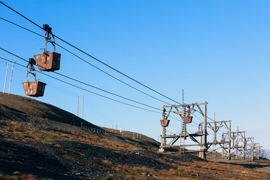 Look througt he old cableway for transporting coal from mines in Longyearbyen, Svalbard, Spitsbergen, Norway