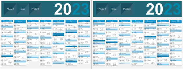 Calendrier 2023 14 mois au format 320 x 420 mm recto verso entièrement modifiable via calques et texte arial - obrazy, fototapety, plakaty