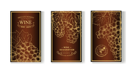 Fototapeta premium A set of vintage wine labels with a brush of grapes in an engraved style.