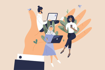 Tiny office workers sitting on huge hand. Concept of good comfortable environment at work, favorable psychological climate,high pay and freedom of creativity for employees. Vector flat illustration