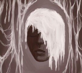 abstract art portrait of a woman in dark shades. Depression and mental health, sadness and grief