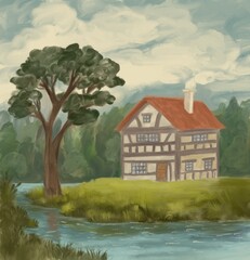 drawn country landscape cute with house and trees, in vintage style