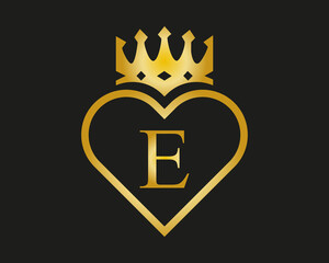 E letter Logo with love And Crown Shape golden color  vector template