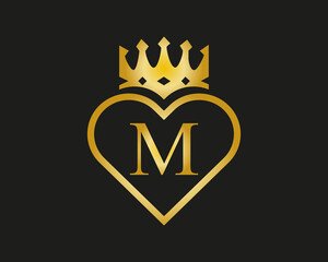 M letter Logo with love And Crown Shape golden color  vector template;