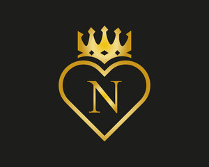 N letter Logo with love And Crown Shape golden color  vector template