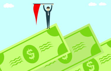 Successful businessman on a hill of green dollars, the concept of business success