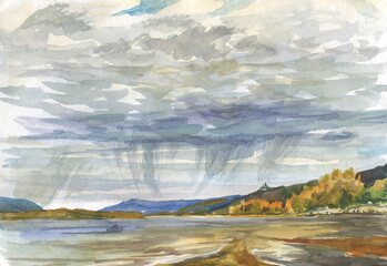 rain over the river watercolor  - 460503325
