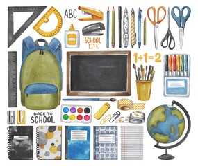 Hand drawing watercolor set of school accessories: backpack, blackboard, rulers, pen, pencil, lettering, glue, stapler, notebook, brush, scissors. Use for poster, print, design, children’s book