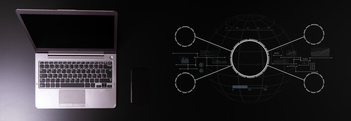 Copy space office black table with laptop, notebook, pencil and coffee cup with plat.