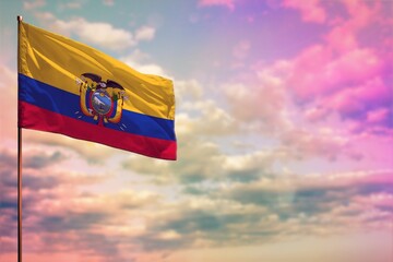 Fluttering Ecuador flag mockup with the space for your content on colorful cloudy sky background.