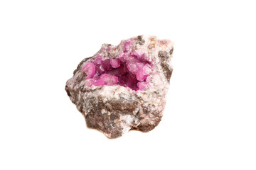 Macro mineral stone Cobalt Calcite rock on white background