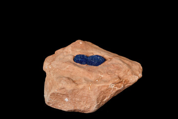 Macro mineral stone Azurite in siltstone against black background