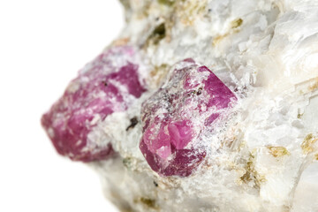 Macro mineral stone Ruby in rock on white background