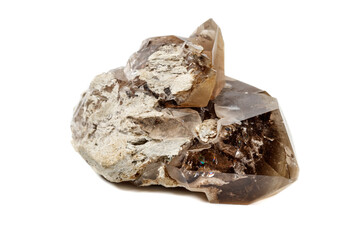 Macro mineral stone smoky quartz on a white background