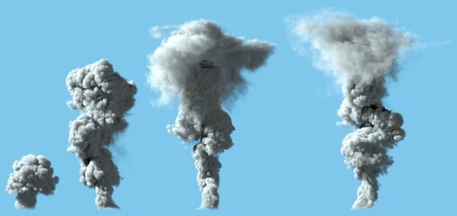 4 different images of heavy gray smoke column as from volcano or large industrial explosion - pollution concept, 3d illustration of object