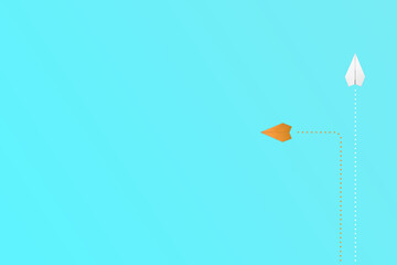 orange paper plane leading among a white planes on blue background. Business competition and...