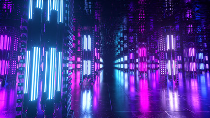 A long futuristic corridor with a technological interior. Neon light moving rapidly from the end of the tunnel. Sci fi room. Seamless loop 3d animation