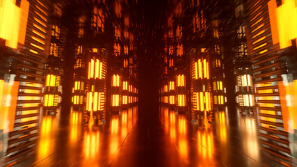 A long futuristic corridor with a technological interior. Neon light moving rapidly from the end of the tunnel. Sci fi room. Seamless loop 3d animation