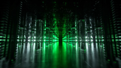 A long futuristic corridor with a technological interior. Neon light moving rapidly from the end of the tunnel. Sci fi room. Seamless loop 3d animation