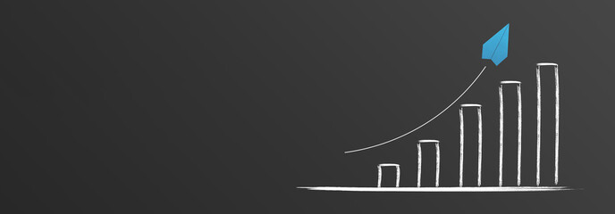 Ein Diagramm  zum Erfolg eines Startups auf schwarzen Hintergrund mit einem Trend zum Erfolg und einem blauen Papierflieger