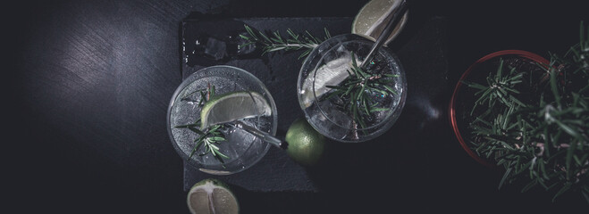 banner of classic gin and tonic cocktail with rosemary sprigs in tall glasses on a table with bar accessories - obrazy, fototapety, plakaty
