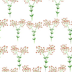 Watercolor minimalistic pattern with small flowers. Light background. Red berries.