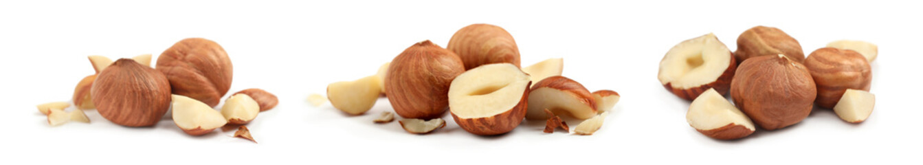 Set with tasty hazelnuts on white background. Banner design