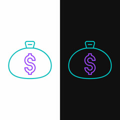 Line Money bag icon isolated on white and black background. Dollar or USD symbol. Cash Banking currency sign. Colorful outline concept. Vector
