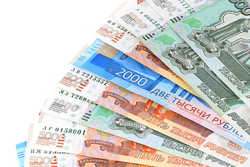 Russian banknotes are fanned out, isolated on a white background. Currency exchange. Money background. Financial crisis, ruble devaluation concept.