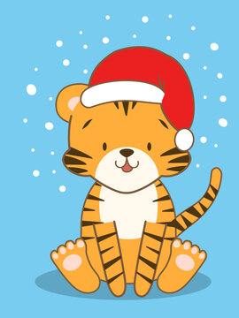 Cute Christmas card with a cartoon tiger