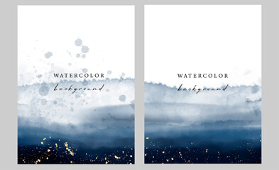 Set of vector watercolor universal backgrounds with gold glitter	
