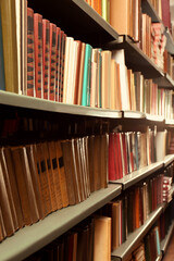 Collection of different books on shelves in library