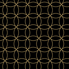 Modern abstract background with golden rings. Seamless pattern with gold color circle line on black backdrop. Geometric vector. Creative holiday background. Luxurious Christmas print. 