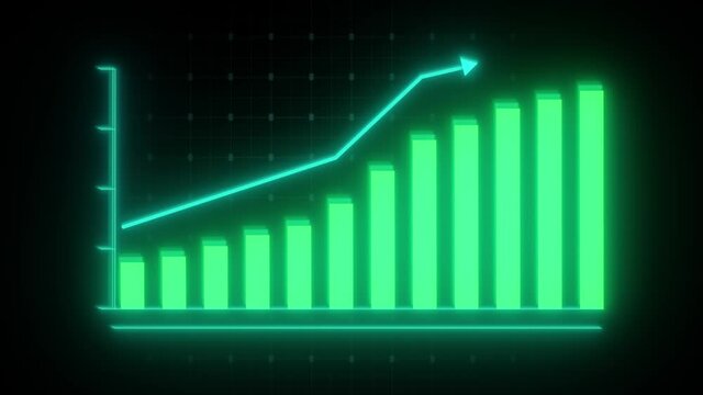 3D animation of 2D rising green bar graph chart with uparrow, ultra HD 4K Stock Market value